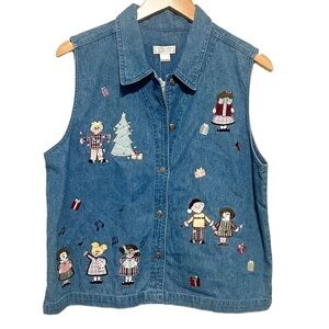 NWT Christopher & Banks Christmas Embroidered People Denim Vest Large
